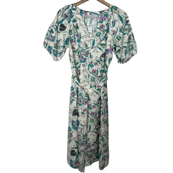 LOFT Dresses & Skirts - LOFT NWT Floral Linen Blend V-Neck Puff Sleeve Midi Dress Cream Short Sleeve XS